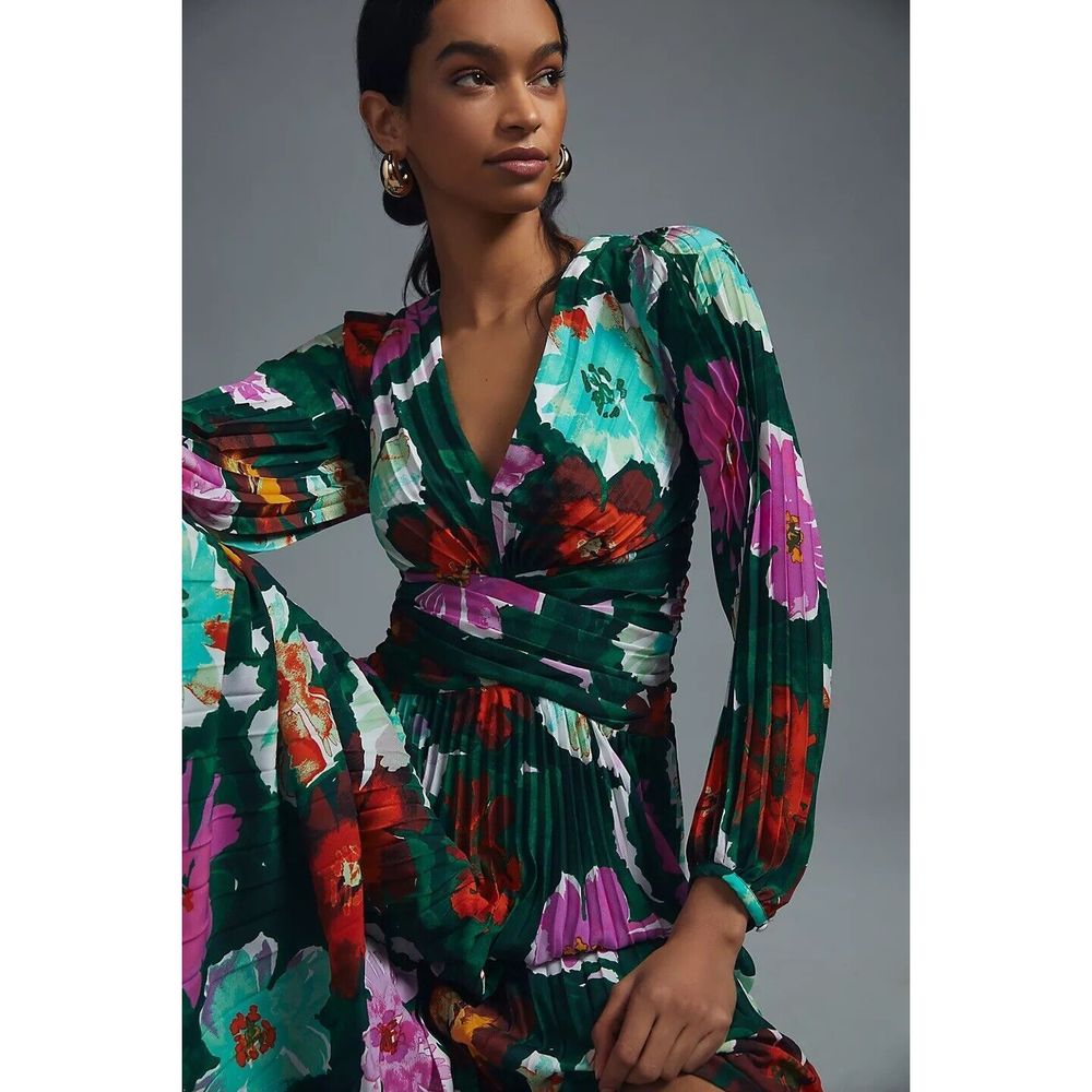 Anthropologie Pleated V-Neck Dress - Gem